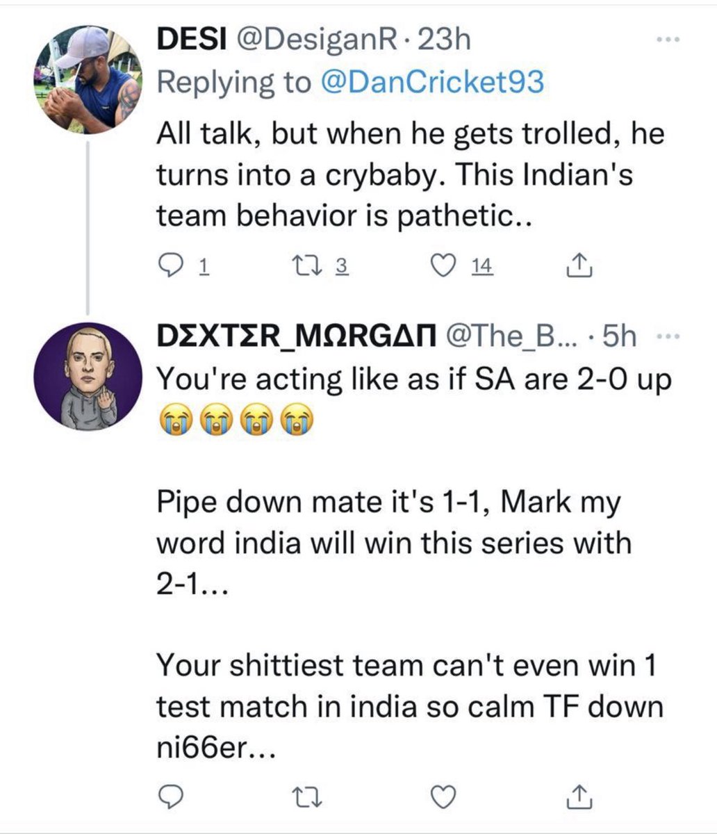 I saved this especially for today <a href="/DanCricket93/">Dan Cricket</a> and <a href="/DesiganR/">DESI</a>, I was so looking forward to shoving this in Dexter Morgan’s rude arrogant face but my screen shot chopped off his Twitter handle. Truth is we didn’t just beat India in the last 2 tests, we crushed their sorry asses 🤣