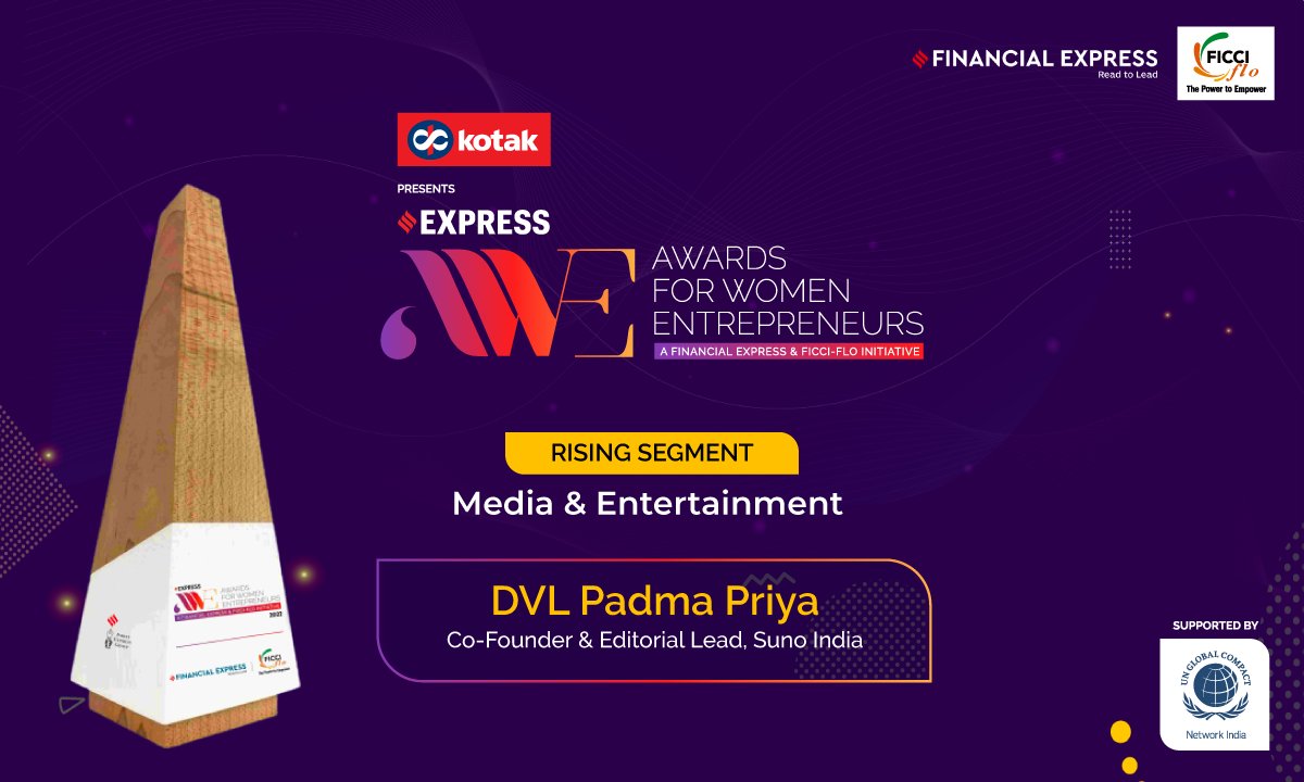 Rising Segment - Media &amp; Entertainment | #ExpressAWE award goes to <a href="/priyakamal/">Padma Priya D</a>, Co-founder &amp; Editor-in-chief @sunoindia_in