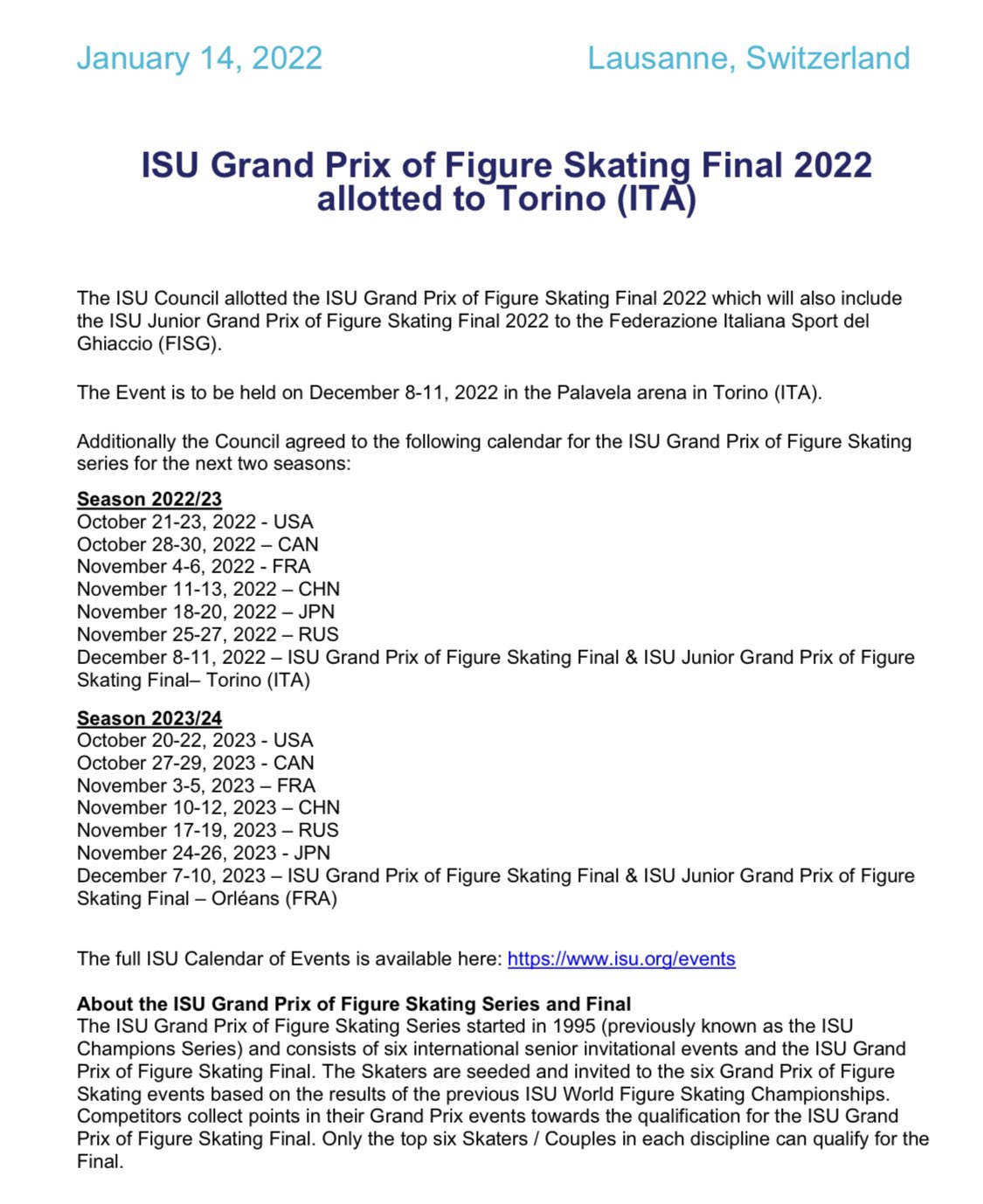 Isu 2023 Calendar In The Loop On Twitter: "The Isu Grand Prix Final 2022 Has Been Allotted To  Torino, Italy. The Event Will Be Held On December 8-11, 2022 At The  Palavela Arena. Https://T.co/Qarqjkyoxa" /