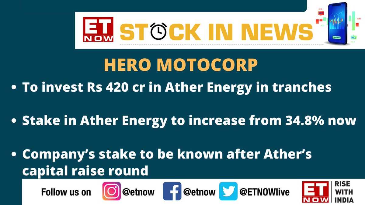 ETNOWlive's tweet photo. #StocksInNews | Hero MotoCorp board approves investment of Rs 420 cr in Ather Energy in one or more tranches

@HeroMotoCorp @atherenergy #HEROMOTOCO #ElectricVehicles https://t.co/nKStca8W6f