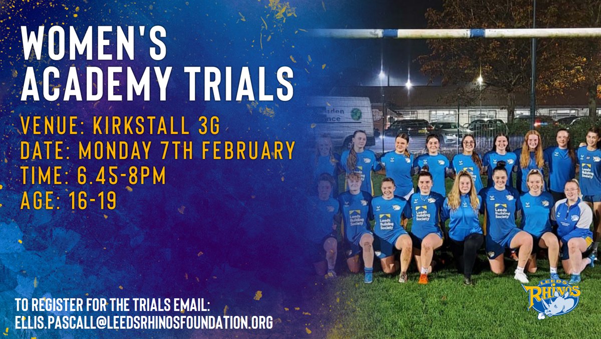 leedsrhinos's tweet photo. 📅Our Women's Academy are running more trials this year for players aged 16-19.

To register email ellis.pascall@leedsrhinosfoundation.org https://t.co/VS046hEGSv