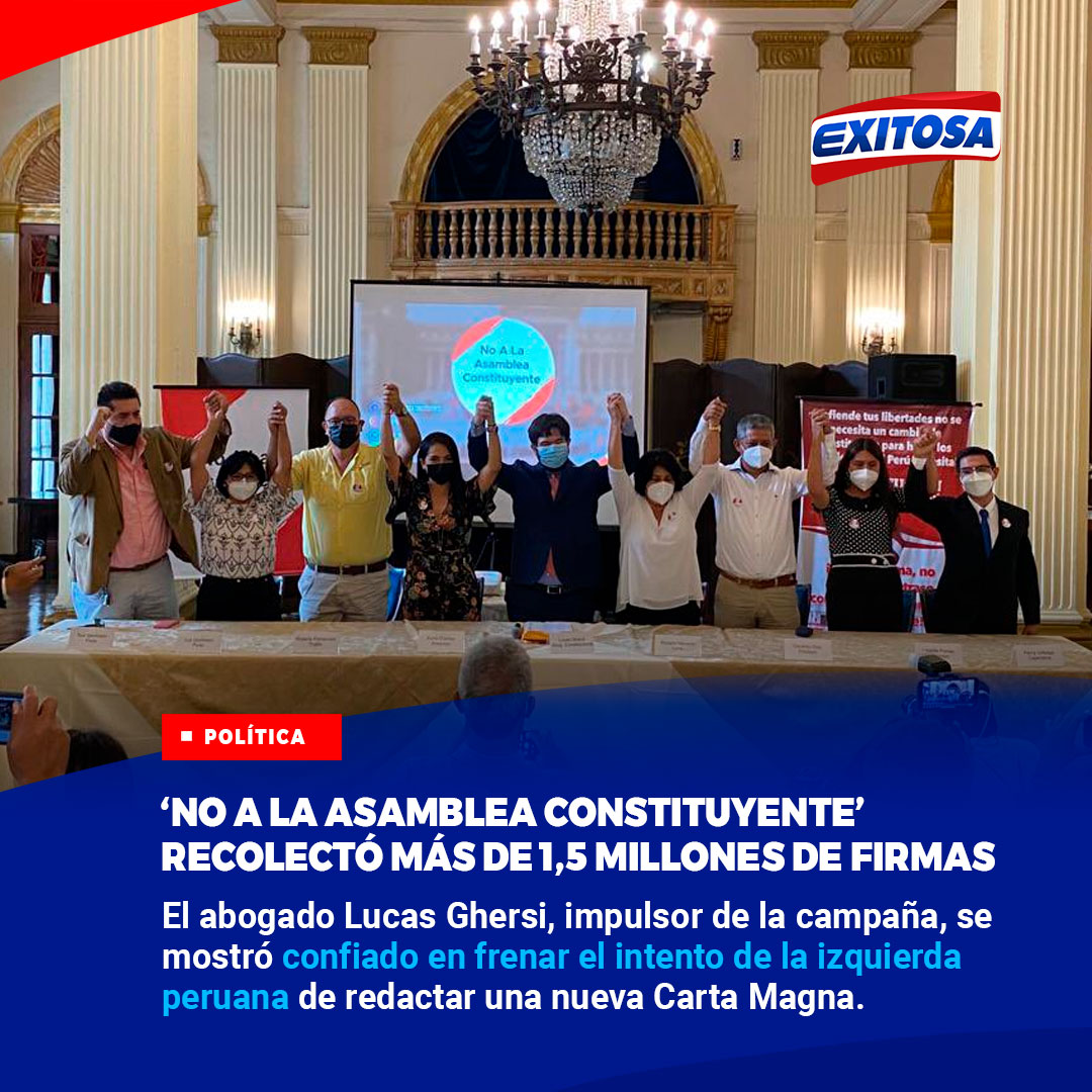 exitosape's tweet photo. 🔵🔴 La campaña ‘No a la Asamblea Constituyente ‘ha logrado recaudar más de 1,5 millones de firmas en cinco meses de trabajo, reveló su portavoz Lucas Ghersi, quien estimó que en cuatro meses se llegará al objetivo de tener un total de 3 millones rúbricas. https://t.co/pdH85xO0i2