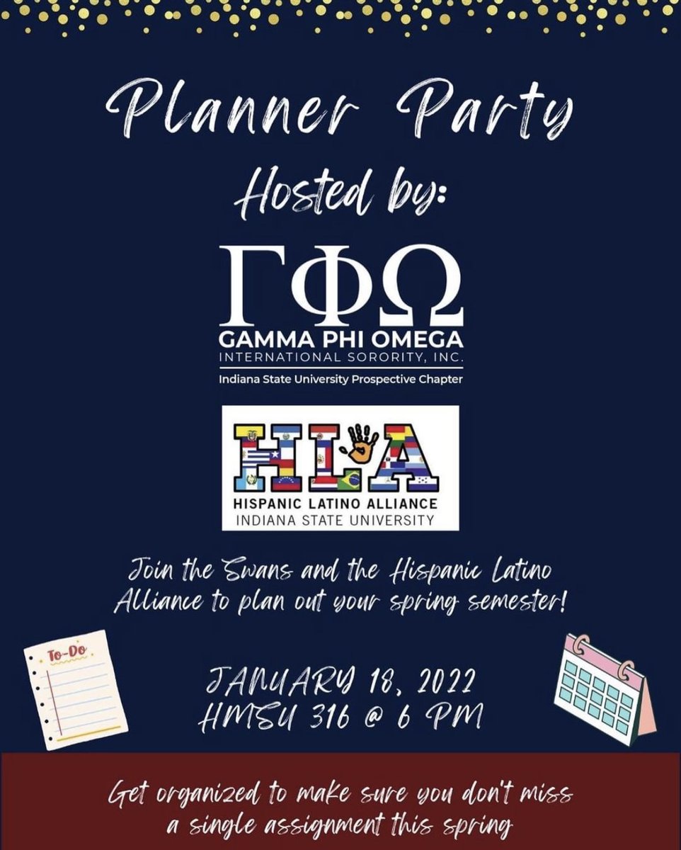 IndStateFSL's tweet photo. Join @gphioindianasu and @IndianaStateHLA for a planner party this evening and start the semester off strong! https://t.co/LoC5MLBjuC
