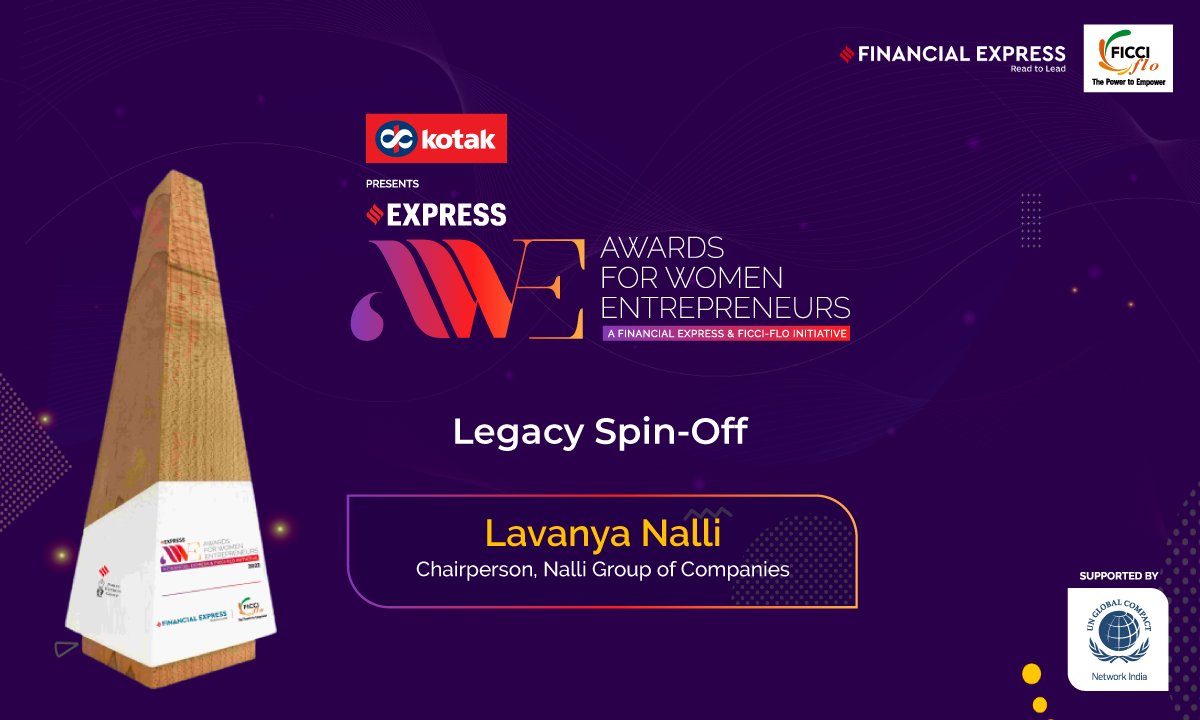 FinancialXpress's tweet photo. Legacy Spin off | The award goes to Lavanya Nalli @l_nalli, Chairperson, Nalli Group of Companies https://t.co/MpEHpjqyqq