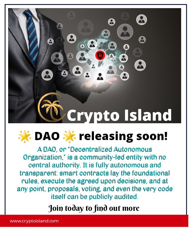 <a href="/CryptoCapo_/">il Capo</a> <a href="/rebellah_/">Crypto Rebby 💥</a> Join the #CISLA community as @cryptoislandinc introduces DAO, an innovative feature to the platform.

⭐️Think of your future.
❤️Let yourself be free.
💥Take advantage of new ideas.

Is this the era we've been waiting for?

#cryptoisland #CislaArmy  #Cisla1000x #CislaShillContest