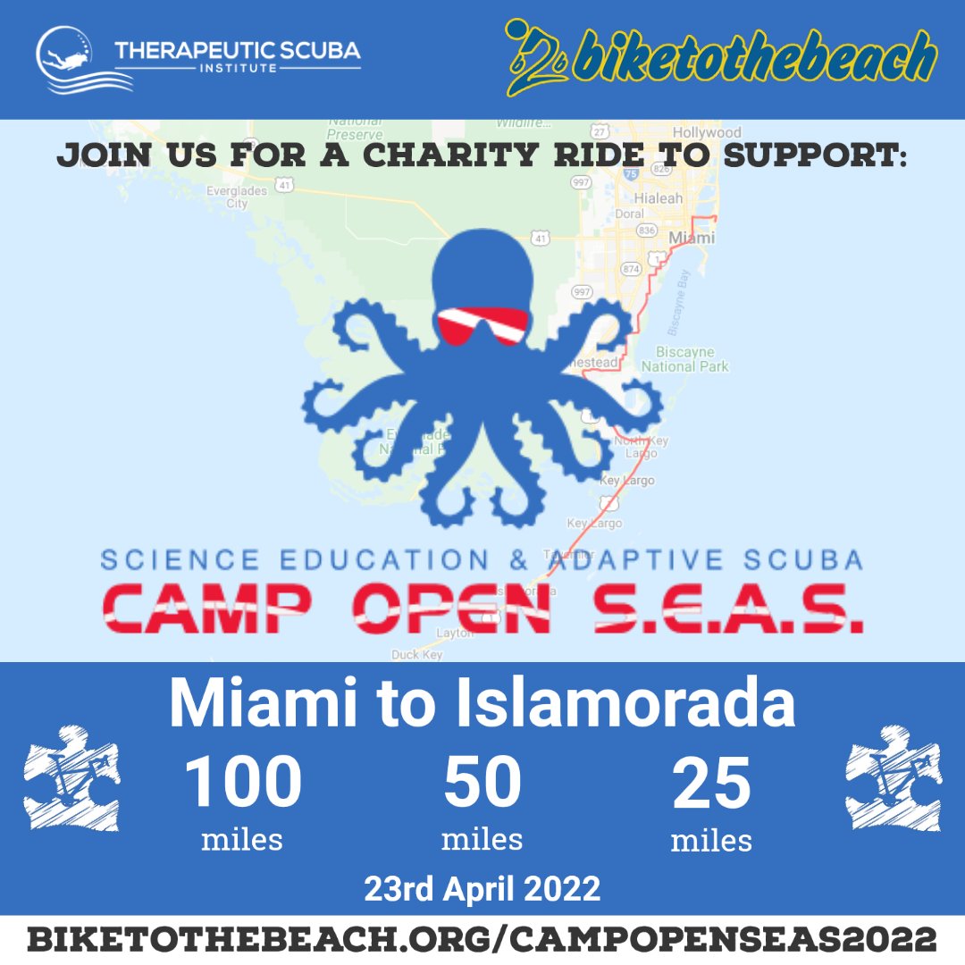 TherapScubaInst's tweet photo. We plan (🤞) to participate in @biketothebeach's Florida charity ride, 23 April 2022. Support @therapscubainst's Team #CampOpenSEAS on this beautiful ride for a cause by donating and/or joining our Team (https://t.co/e3Bjetg9Gf).
#BikeToTheBeach #BikeToTheBeach2022 #ScubaForAll https://t.co/sxFsKsTdgw