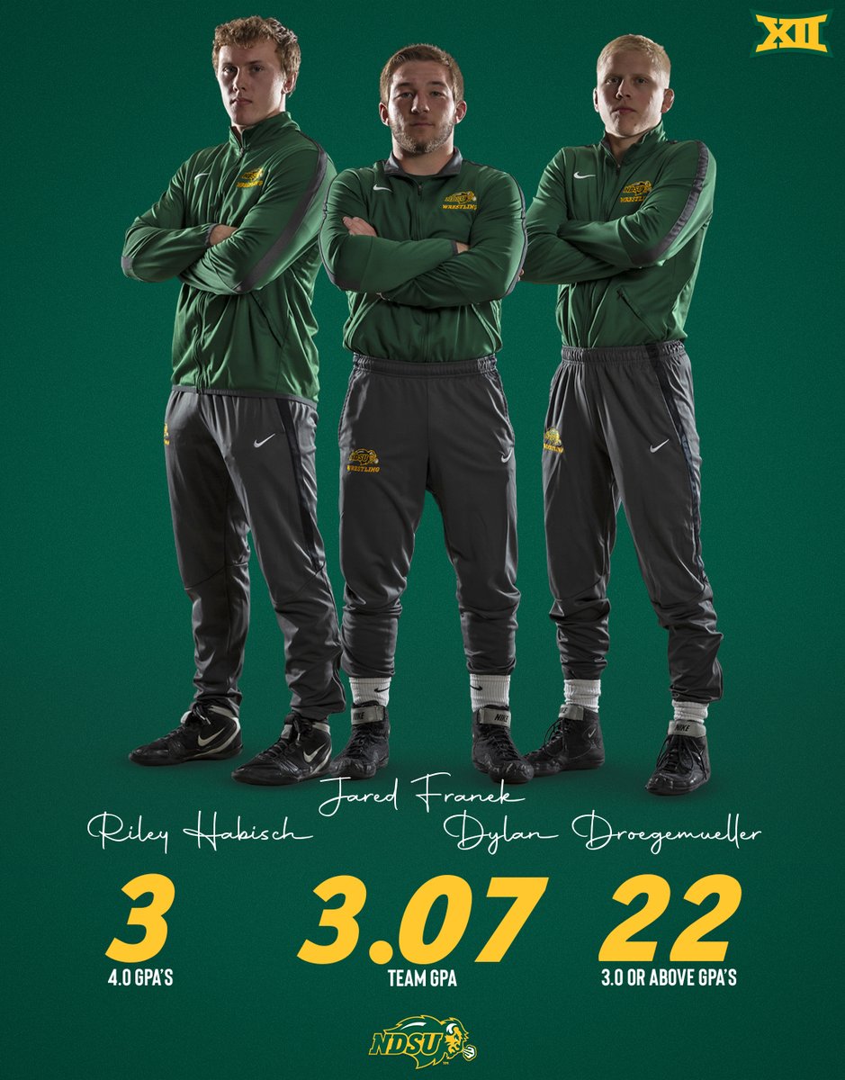 NDSUwrestling's tweet photo. Excelling on the mat and in the classroom! 📚

#GoBison 🤘 https://t.co/yfbKSt6dZC