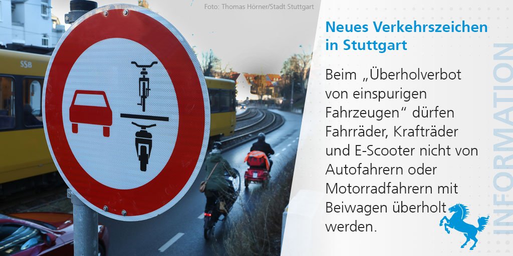stuttgart_stadt's tweet photo. In #Stuttgart gibt es seit heute ein neues #Verkehrszeichen, das vor allem dem Schutz von Radfahrenden dient. Das #Überholverbot von einspurigen Fahrzeugen kommt ab sofort an Engstellen in der Böblinger Straße & Kaltentaler Abfahrt zum Einsatz. ℹ️https://t.co/C7Hg7RJqAR https://t.co/idCSUlJrM0