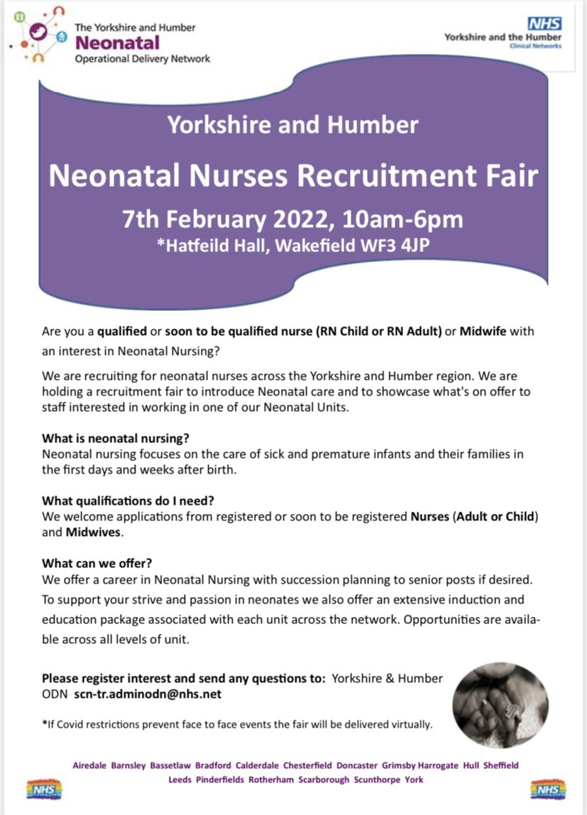 Come to the neonatal recruitment fair @YHneonet . Units from across the region will be there to tell you all about joining their teams. Great induction programmes available #adultnurse #childrensnurse @Leeds_Childrens