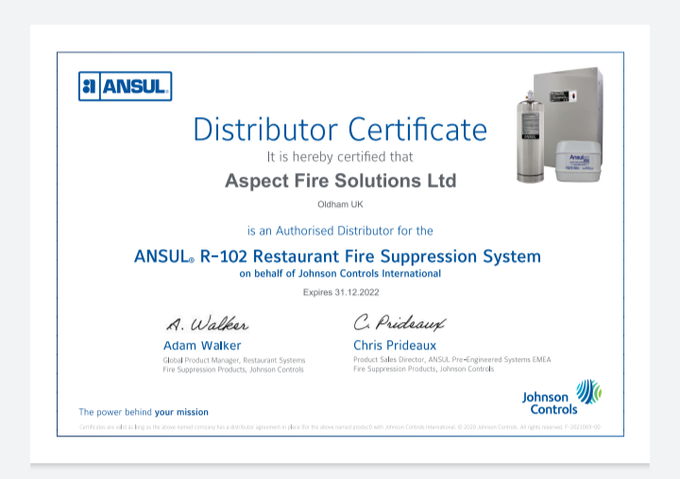 It's always great to receive our annual Ansul R102 Authorised Distributor Certificate.

Is your business looking for s suppresion system for a commercial kitchen? We are able to Design, Install and maintain your system.
Call us on 0845 054 0516