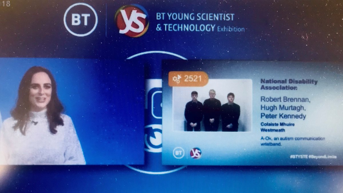 NDAIreland's tweet photo. Big congratulations to Robert Brennan, Hugh Murtagh and Peter Kennedy from Colaiste Mhuire Westmeath who have won the NDA special award @BTYSTE for their wonderful project ‘A-Ok, a digital communication wristband for people with autism’. Well done! #BTYSTE2022 https://t.co/WyxKHGjPuR
