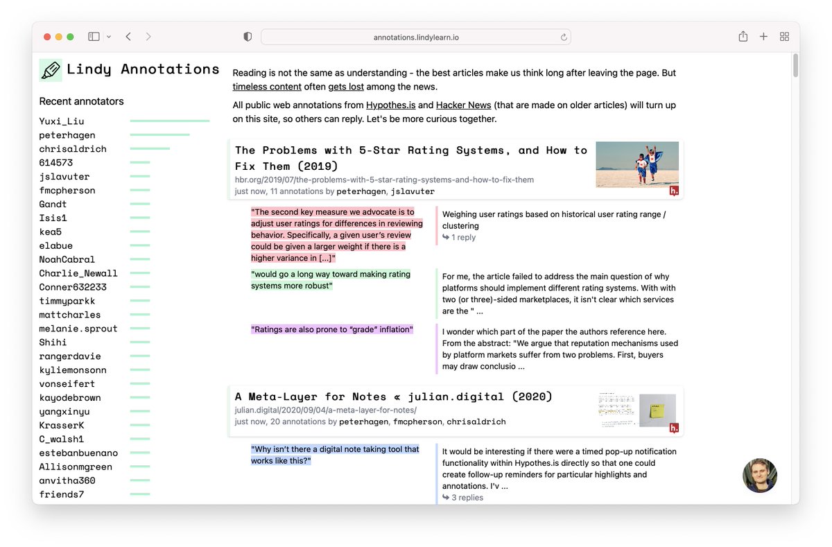 Lots of people take notes when reading, you just don't hear about it. And other people don't see your notes, so can't reply.

I added a social stream to annotations.lindylearn.io in the hope of addressing this!