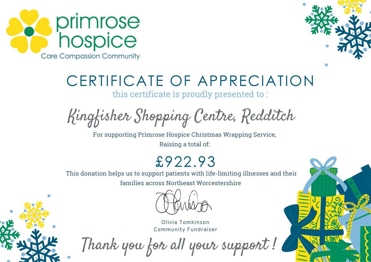 What a wonderful achievement!

During the festive period <a href="/PrimroseHospice/">Primrose Hospice & Family Support Centre</a> raised a massive £922.93 from its gift-wrapping service at <a href="/shopkingfisher/">Kingfisher Shopping Centre</a>.

A big thank you to all who donated 🧡

#Redditch #Charity #Fundraising