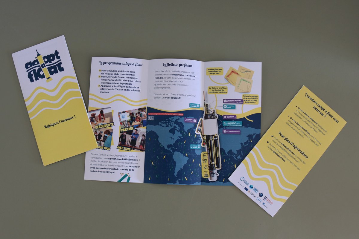 AdoptaFloat's tweet image. Les dépliants #AdoptaFloat sont arrivés 🤩
Vous voulez un lot pour faire connaître ce programme #CSTI à votre entourage #scientifique et/ou #académique #enseignants ? Faites-nous signe ! 👋🏼

🎯 : Toujours ➕ de #classes et de #scientifiques pour toujours ➕ d'#OceanEducation