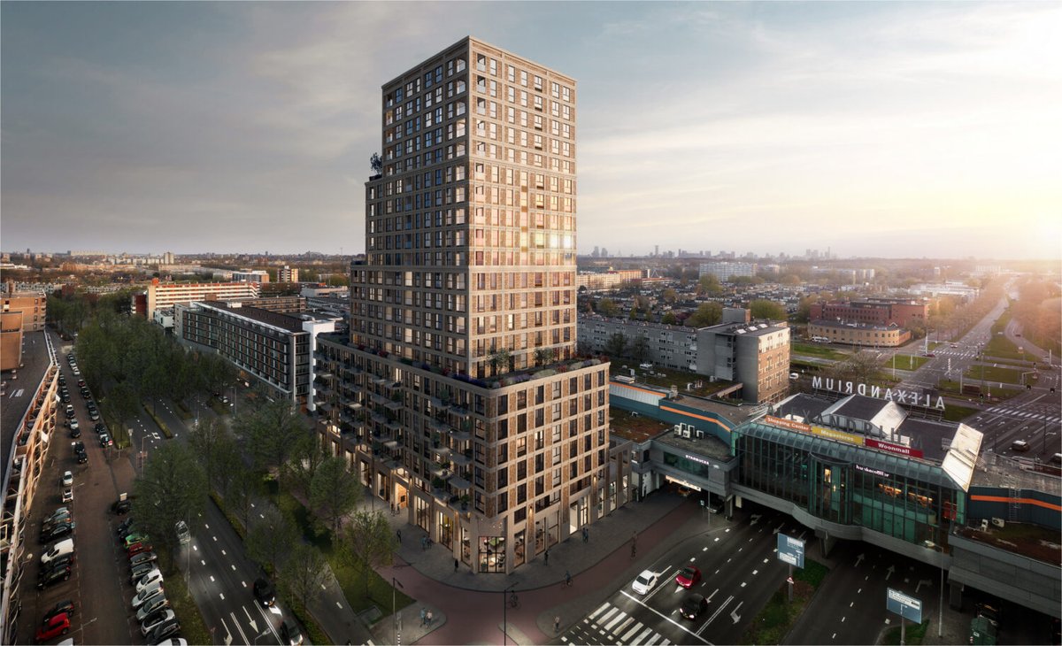 RTMXL's tweet photo. Bouw Grote Beer is eind 2021 begonnen. Eindelijk een hoogstedelijke invulling voor dit veldje wat al heel lang braak lag naast Alexandrium. Bijna 200 huurwonijgen. Aanwinst! Ontwerp is van Klunder Architecten. https://t.co/4BesQEk1cg
