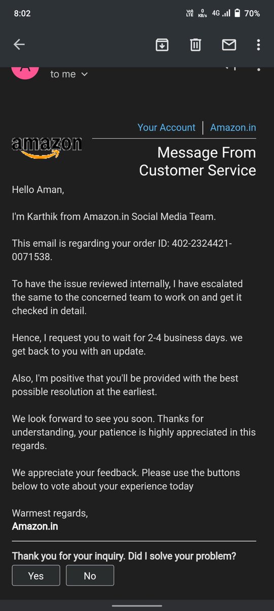 Shinkamya's tweet photo. @AmazonHelp After 3 days as I was instructed, I connected to your support team and I got this type of responses. Kindly help https://t.co/y60jZBBEjj