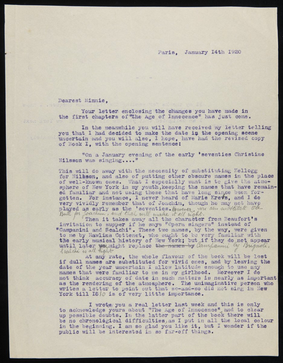 BeineckeLibrary's tweet photo. "Your letter enclosing the changes you have made in the first chapter of 'The Age of Innocence' has just come."
Letter: 1920 January 14, Paris: Edith Wharton to Mary Cadwalader Jones
From: Edith Wharton collection https://t.co/pdHtxlxMSt https://t.co/IEBON9B7pr
