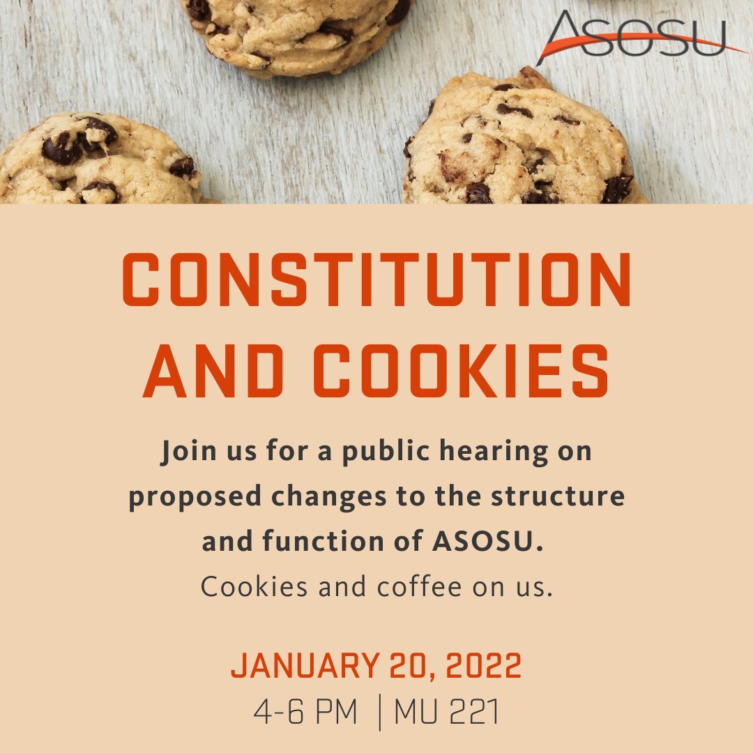 ASOSUgov's tweet photo. The ASOSU Congress wants to hear from you on how ASOSU can best serve students, and how to accomplish these goals. Join us for a public hearing with cookies and coffee this upcoming Thursday, January 20, in MU 221.
#asosu #studentgov #oregonstate #beavernation #leadership https://t.co/TGJlVuA1ok