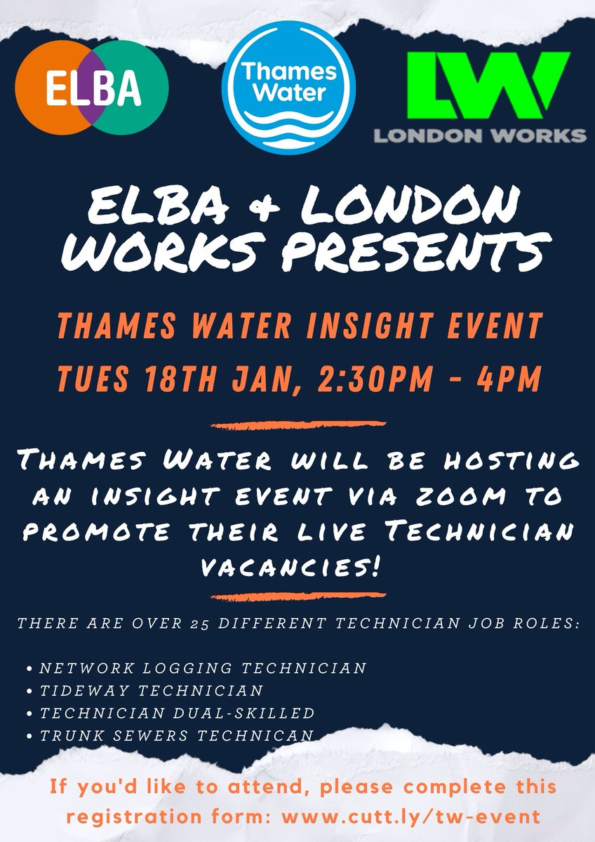 London_Works's tweet photo. Tues 18th Jan 2:30pm via Zoom - @thameswater Jobs Event

Register: https://t.co/Pb8x3U6Xl4

Apply/Learn More: https://t.co/T1qvbuzM6Q

Feel free to share this post and tag in anyone you know who may be interested!

#ThamesWater #recruitment #jobs #London #careers #opportunities https://t.co/qzrZxL0p7h