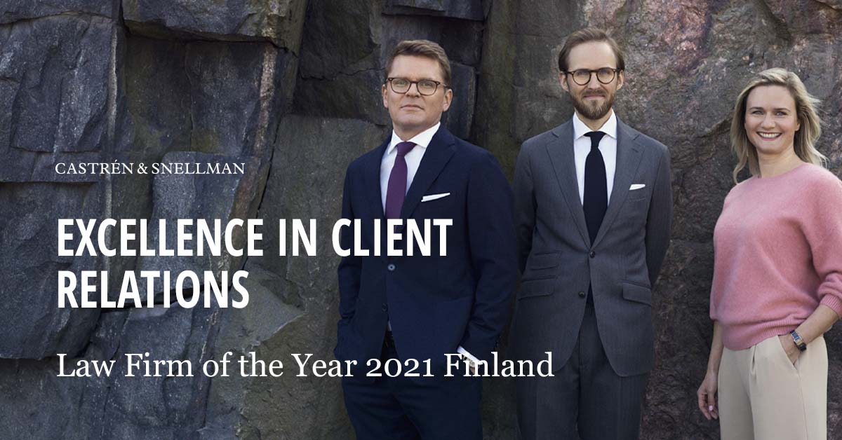 The year 2021 keeps on giving 🏆 Regi’s first ever Law Firm of the Year 2021 Finland study has nominated Castrén &amp; Snellman for Excellence in Client Relations.