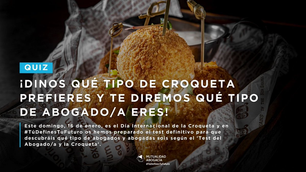 ¿Te gustan las croquetas? 🎉¡Este domingo se celebra el #DiadelaCroqueta! 🎉

Y en #TúDefinesTuFuturo han preparado el #test definitivo para descubrir qué tipo de #abogado #abogada ⚖ eres según las croquetas que prefieras 😱!

¿Te atreves? 😏 blgs.co/wIpEwd