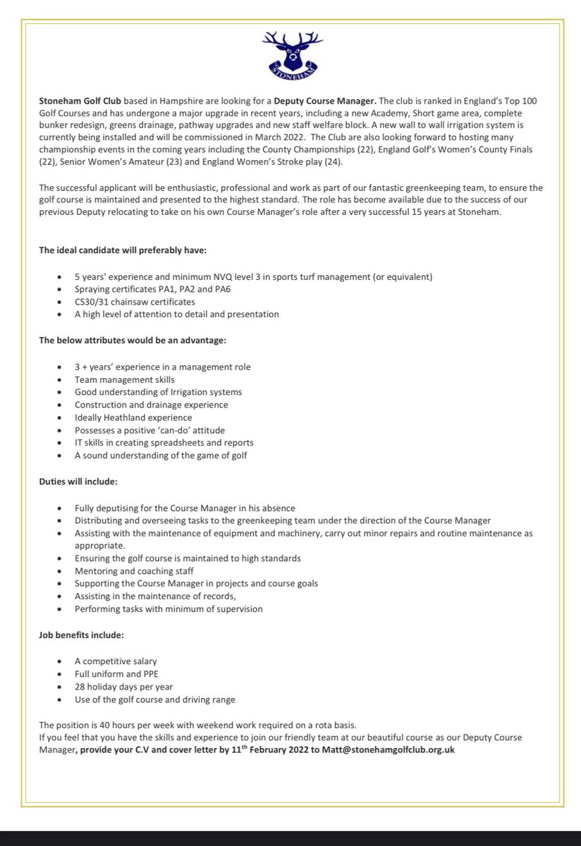 <a href="/StonehamGC/">Stoneham Golf Club</a> are looking for a Deputy Course Manager to join our fantastic team. If you have the skills/personality and want to be part of a club that’s always improving and wants to enhance you, in a beautiful part of south coast then this is for you #TeamStoneham