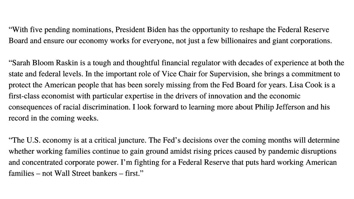 My statement on the @FederalReserve Board nominations of Sarah Bloom Raskin for Vice Chair for Supervision, Lisa Cook, and Philip Jefferson: