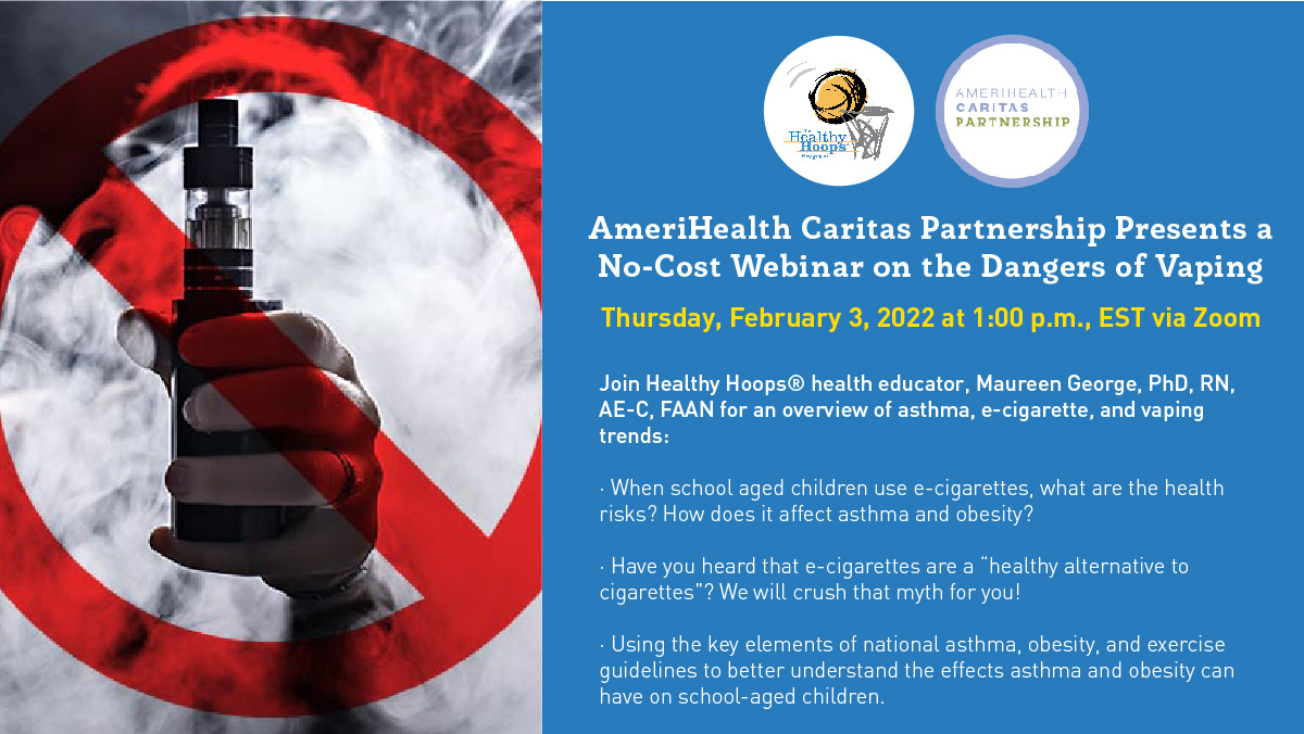 Join #HealthyHoops® #healtheducator, Maureen George <a href="/mogeo822/">Maureen George</a> for an overview of #ecigarette and #vaping trends and how they increase #healthrisks for school-aged children with #asthma. RSVP for this FREE Webinar on Thurs., Feb. 3, 2022: eventbrite.com/e/the-dangers-… 🚭 #DontVape