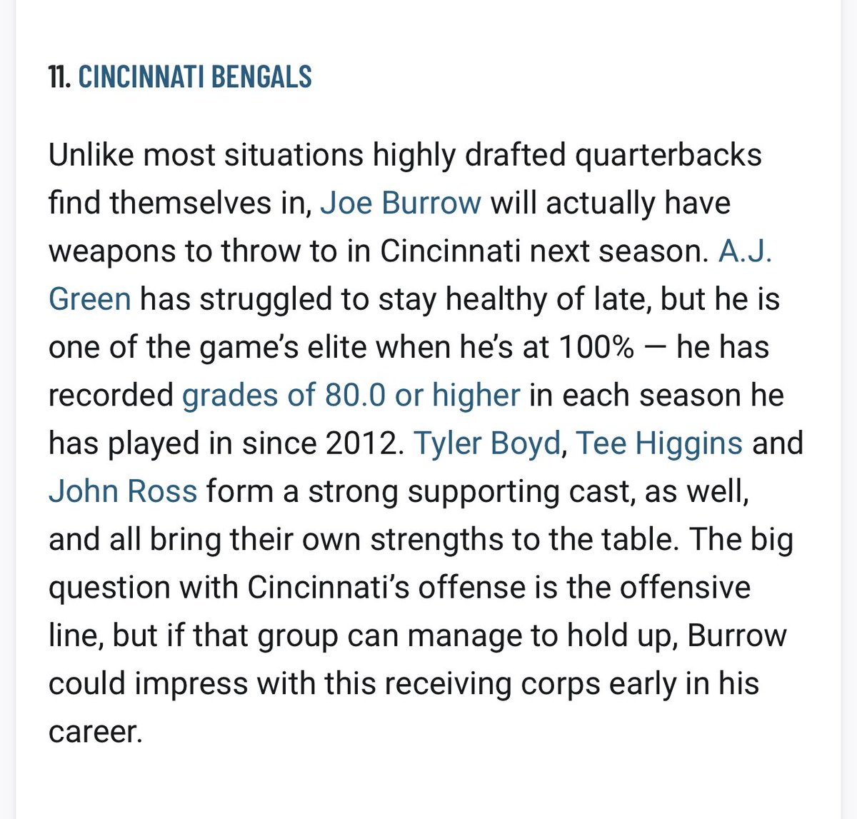 Heading into the 2020 season, the Bengals already had a very good WR corps. @PFF ranked it #11 in the NFL. So what did they do in the draft? They took Ja’Marr Chase. 

Playmakers at WR. You can’t win without them. The #Browns need to heed this lesson. https://t.co/BHQKB65lng