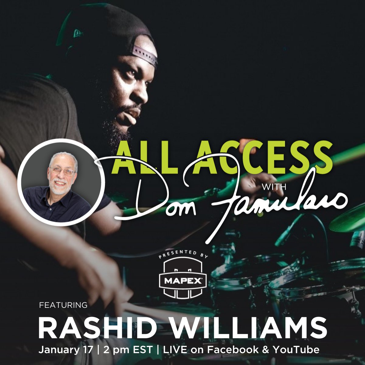 The next guest on All Access with Dom Famularo will be Mapex artist Rashid Williams! Join us Monday, January 17th at 2pm ET on our Facebook or YouTube for this interview! #mapex #mapexdrums @DomFamularo @JRashidWilliams