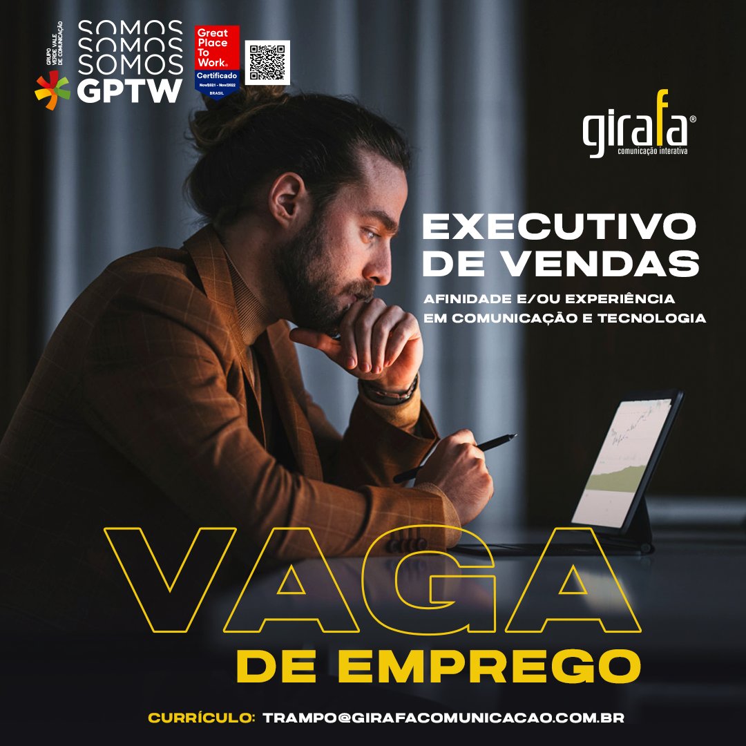 girafa's tweet photo. Faça parte de um Great Place To Work! 🎖️ A Girafa Comunicação Interativa está com uma vaga aberta para Executivo de Vendas. 👈🏻💼

Buscamos profissionais que tenham interesse nos setores de comunicação, e-commerce e tecnologia e que gostem deste universo. https://t.co/QCGCY9Pog6