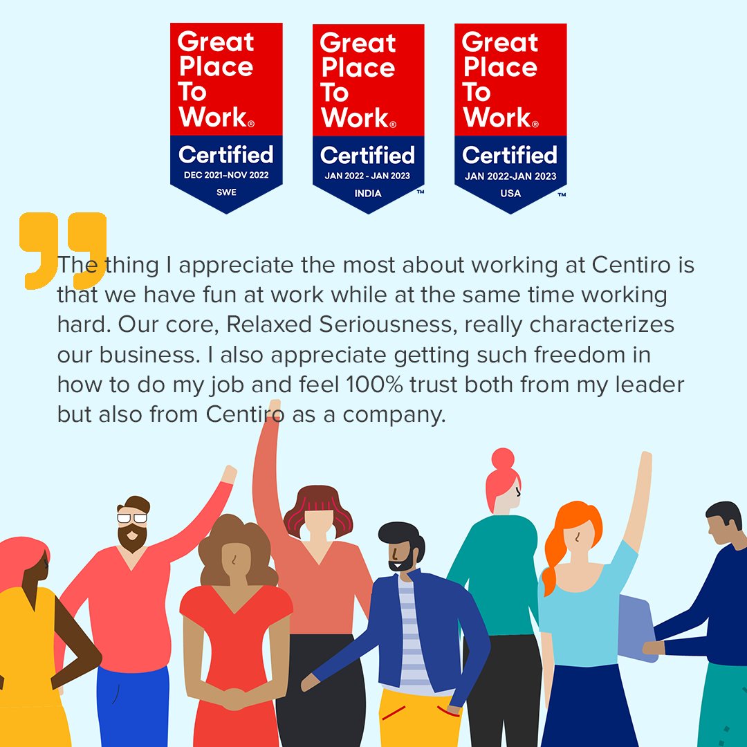 centiro's tweet photo. On the heels of being awarded Sweden’s Best Workplace in 2021 and having ranked high on the European top list for over a decade, we just got word that we are Great Place to Work®-Certified in Sweden, India and the US for 2022.
#Centiro #TechCompany #GreatPlaceToWork #GPTW https://t.co/KdEC2NNrij