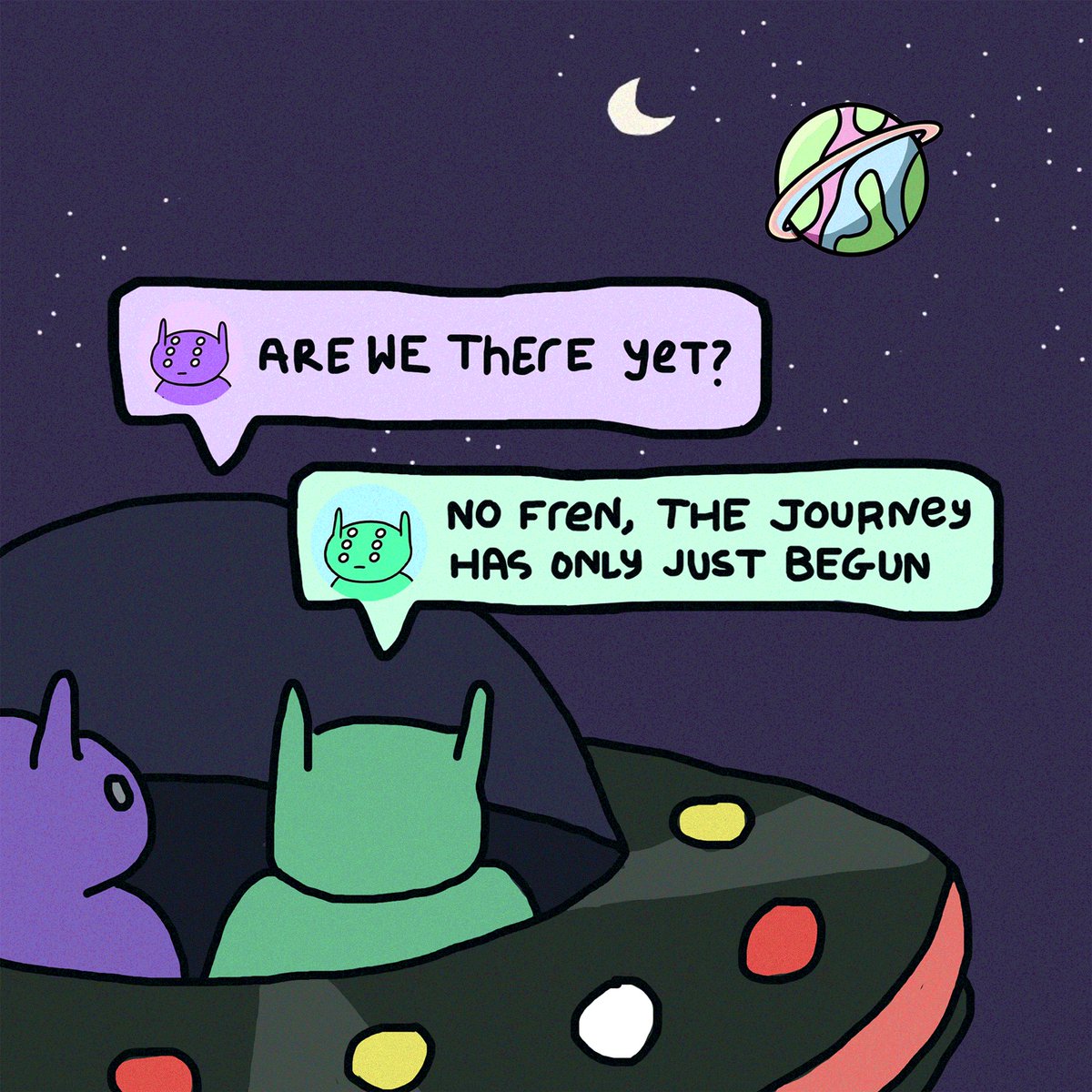 yamam_eth's tweet photo. Frens! It’s been a crazy couple of weeks, but I made this artwork to remind all my fellow aliens that we’re only just getting started. 

I kindly translated it into English from their native language 😂 

@alienfrens 💎🙌 this ones for you @garyvee 💚👽🖖  #arewethereyet https://t.co/7ngkOKZdO9