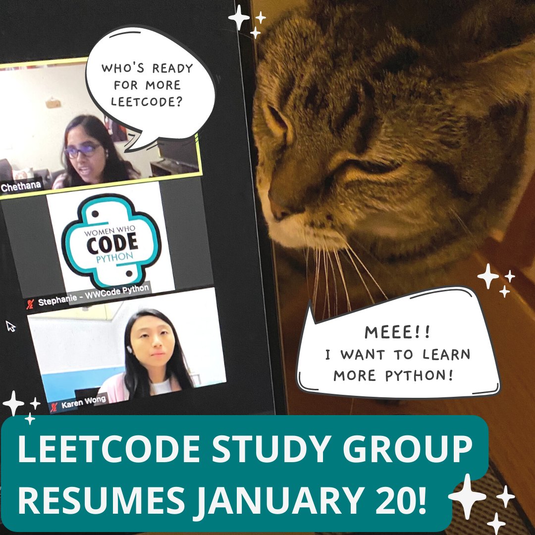 womensoftwarepy's tweet image. Are you looking for a place to practice your code interview with a group of Python enthusiasts? LeetCode Study Group resumes Thurs., Jan. 20th at 8PM ET!
Register us02web.zoom.us/webinar/regist…
#catswhocode #codingcats
#womenwhocode #WWCode #python #leetcode #algorithms #womenintech
