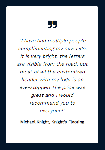 We love receiving testimonials from our customers! #HappyCustomers #Testimonial #OSA #Signage #Signs #OutdoorSignsAmerica #businesssigns #PortableSigns #SidewalkSigns #outdoorsigns #Success #Reviews #ArrowSigns #outdoorsigns