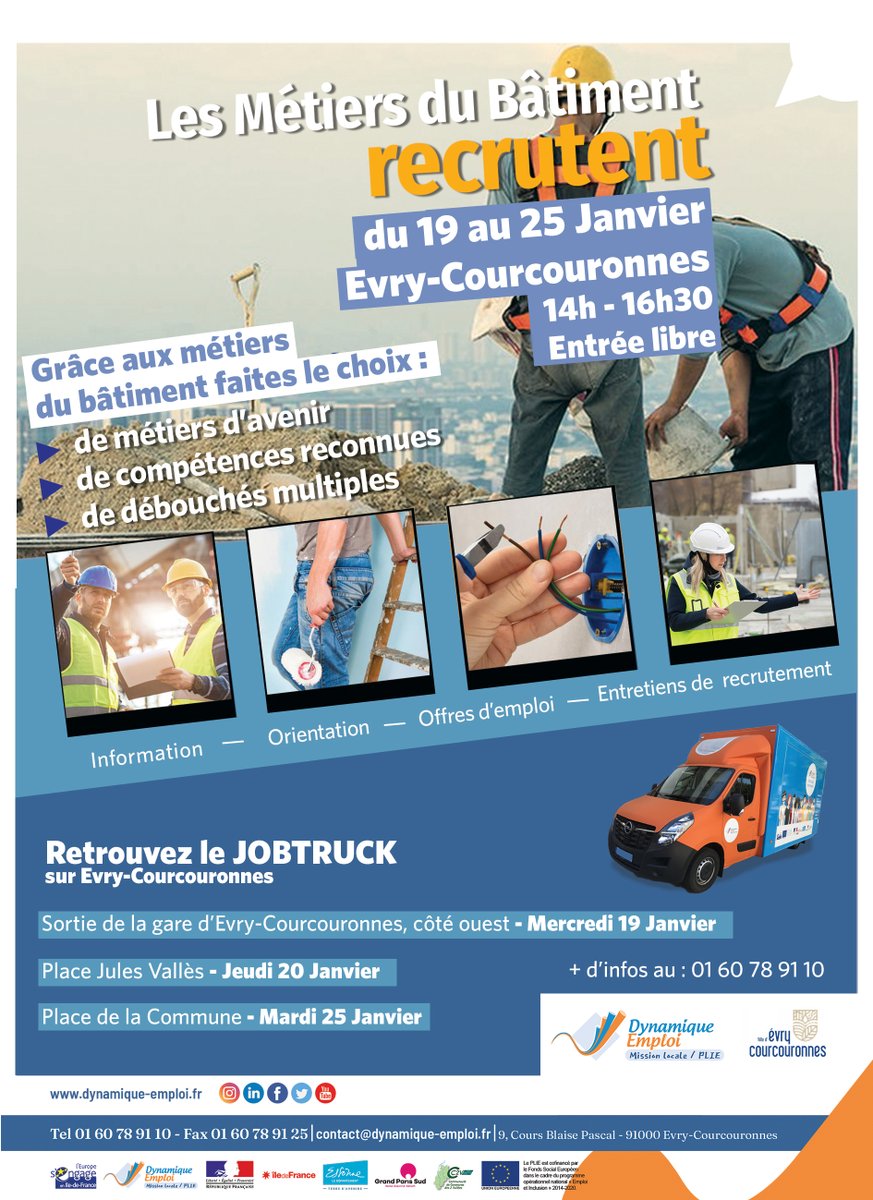 [𝗝𝗢𝗕 𝗧𝗥𝗨𝗖𝗞] 🚐 <a href="/DynamiqueEmploi/">Dynamique Emploi</a> vient à la rencontre du public à Évry-Courcouronnes avec le JobTruck les 1️⃣9️⃣, 2️⃣0️⃣ et 2️⃣5️⃣ janvier pour faire découvrir les métiers du Bâtiment et des Travaux Publics (BTP).