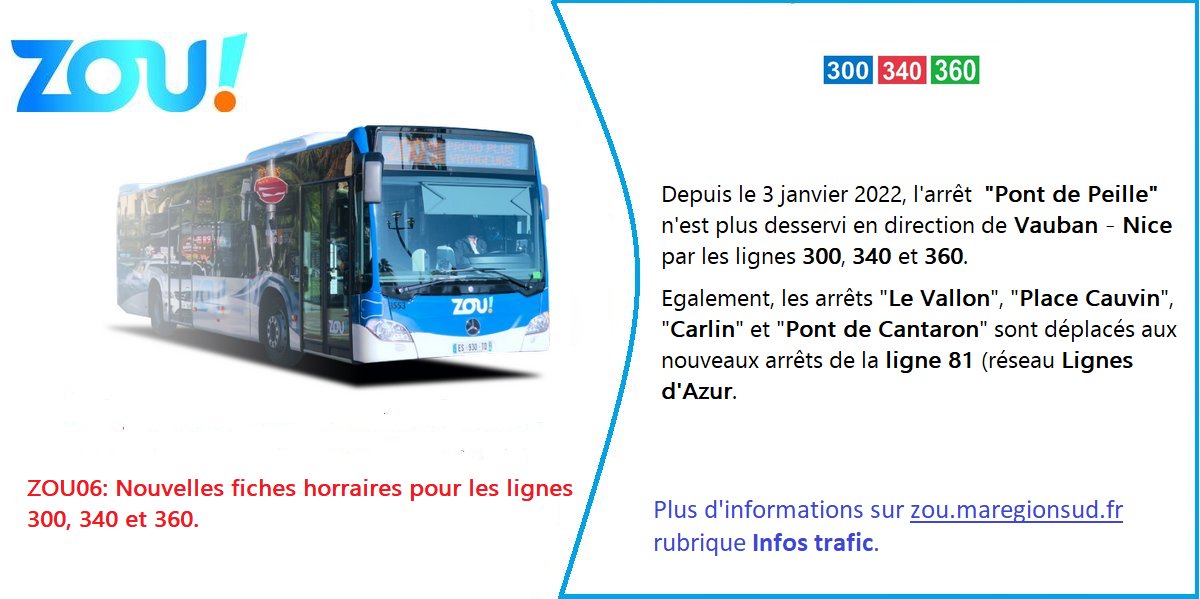zou_lereseau's tweet photo. ⚠️ #ZOU06: Nouvelles fiches horaires pour les lignes 300, 340 et 360. https://t.co/OvA4rpLukn