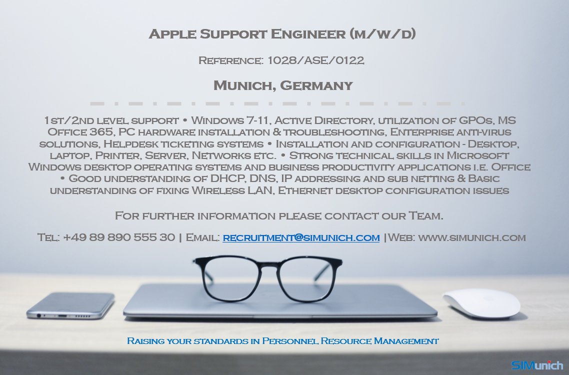 Calling all IT engineers out there who have experience with Windows OS', Networking, Apple! 💼One of our clients in Munich is looking to fill.🖊If you think you have the know-how &amp; experience, have a look at the role: simunich.com/job/apple-supp… - #AppleSupport #Engineer #ITSupport💻