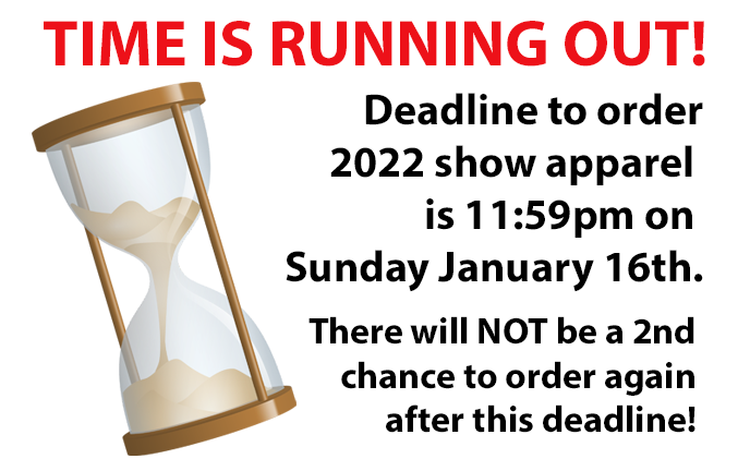 DCHSMB's tweet photo. Deadline to order show apparel is 11:59pm on 1-16-22 There will be no other chances to order apparel for your student's indoor group.
Visit our website to purchase apparel for Indoor Winds, Winter Percussion, Varsity Guard, and both Cadet Guards.
https://t.co/2Hx3xQUc8h https://t.co/evDa7YQGSZ
