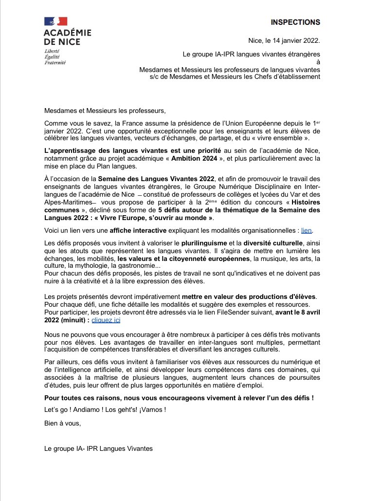 AzurGnd's tweet photo. #PFUE2022 🇪🇺🇫🇷
📣 Lancement officiel par les IA-IPR de #LV de l’@AcademieNice du #Concours "Histoires communes" à l’occasion de la #SemaineDesLangues 🇬🇧🇩🇪🇮🇹🇪🇸 qui aura lieu du 4️⃣ au 8️⃣ avril 
"Vivre l’Europe s’ouvrir au monde"
#interlangues #intercycles
👉 https://t.co/npBBn7uuuo https://t.co/awqJHdPLje