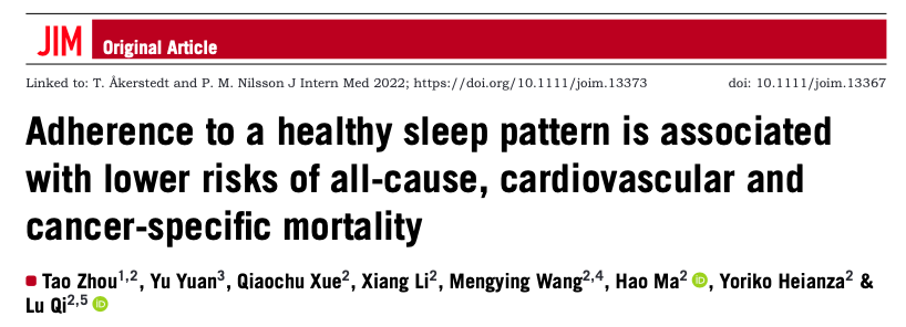 Más evidencia de que un patrón de sueño saludable se asocia con un menor riesgo de todo tipo de mortalidad (incluyendo cáncer y trastornos cardiovasculares).