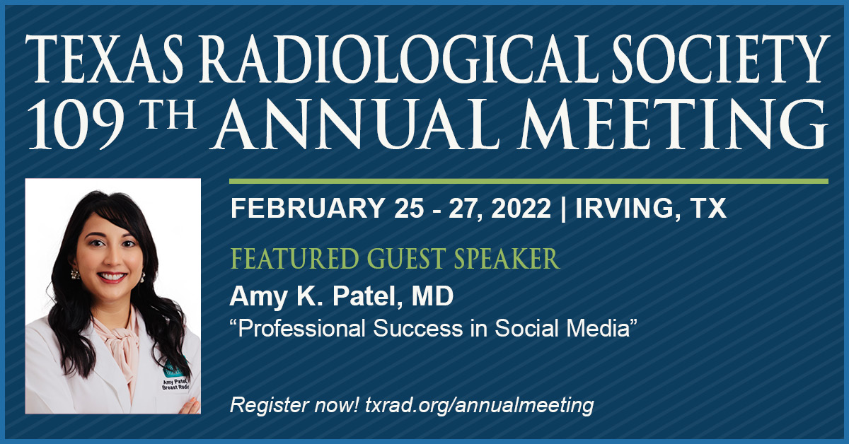 Texas Radiological Society (@txradsociety) on Twitter photo We are excited to welcome <a href="/amykpatel/">Amy K. Patel, MD</a> to lecture on Professional Success in Social Media during the Social Media & Branding session at #trs2022. Join us! txrad.org/page/AnnualMee… We are excited to welcome <a href="/amykpatel/">Amy K. Patel, MD</a> to lecture on Professional Success in Social Media during the Social Media & Branding session at #trs2022. Join us! txrad.org/page/AnnualMee…