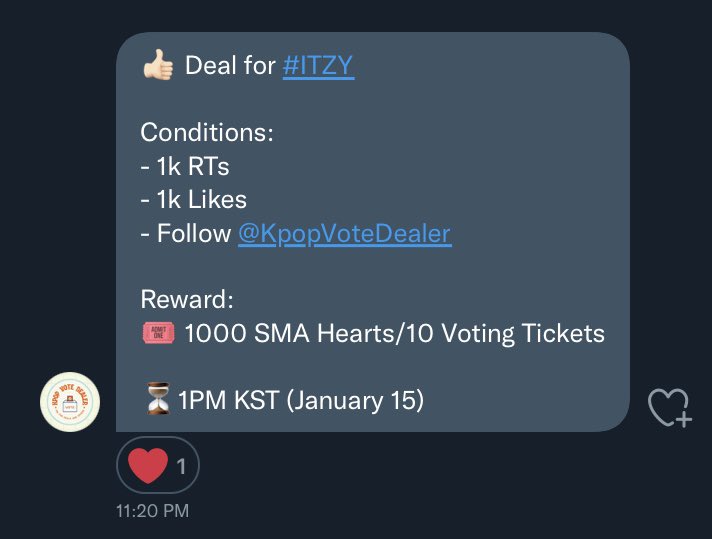 mikhac0ded's tweet photo. 🚨🗣 ANOTHER DEAAAAL!!! MIDZYS, PLEASE DON’T LET THIS GO TO WASTE!!! WE ONLY HAVE UNTIL 1PM KST TOMORROW!!

🎁: 1k SMA hearts

Conditions:
• 1k likes &amp; rts (qrts are counted)
• Must follow @KpopVoteDealer (drop proof please)

PLS PLS PLS RT TO SPREAD <333
#ITZY https://t.co/SA4GaNW097
