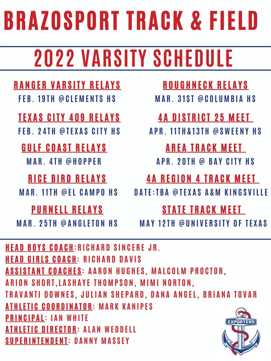 BrazosportTrack's tweet photo. The 2022 Schedule. We are extremely excited for this season. #AnchorsAweigh #SpeedPort 🔴🔵⚓️ https://t.co/Du2nDDHWzf