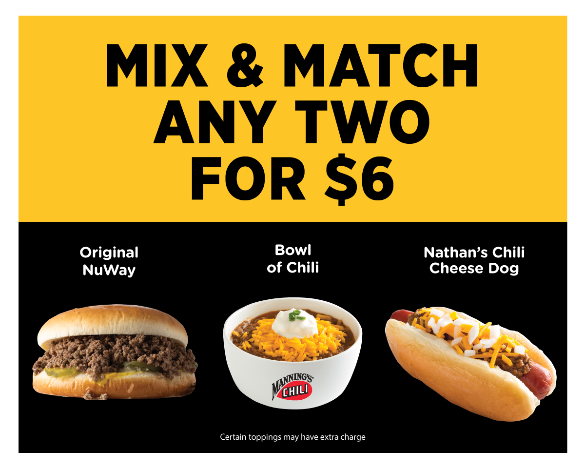 NuwayB's tweet photo. Celebrate the end of the work week with some Mix &amp; Match at NuWay! Get 2 of your favorites for just $6! Choose from an Original NuWay, Bowl of Manning's Premium Chili or a Nathan's Chili Cheese Dog. https://t.co/JJJCn3Axko