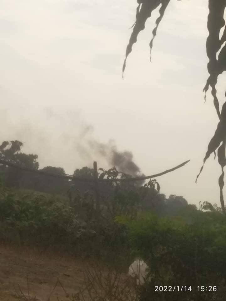 SAC Troops entered &amp; burned the houses in YinKyay Village on fire after SAC launched an airstrike with 3 helicopters, including a Mi35, in eastern Depayin Tsp. #WarCrimesOfJunta #2022Jan14Coup #WhatsHappeningInMyanmar