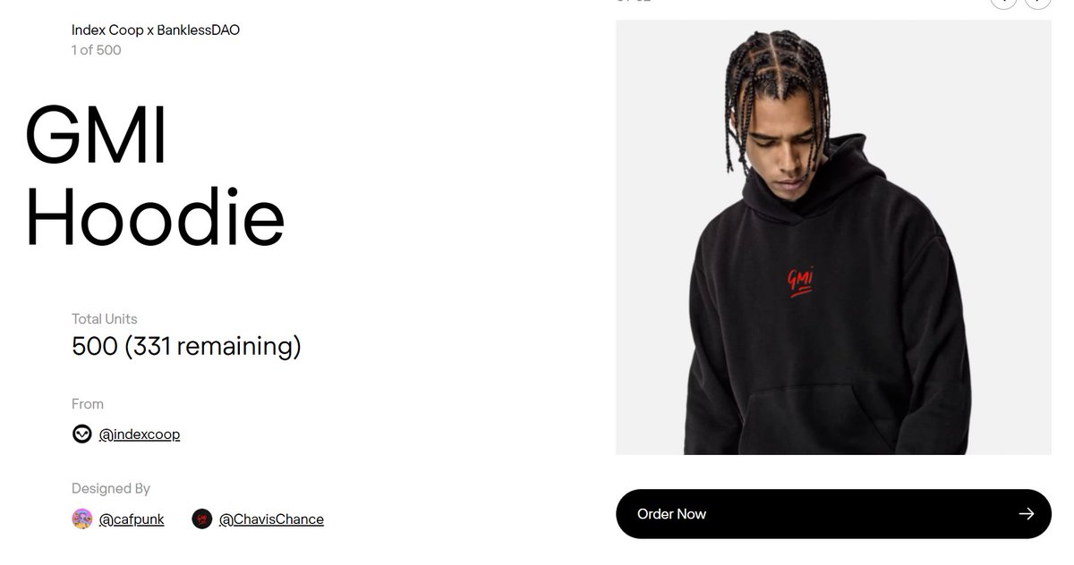 New merchandise drop here!
<a href="/indexcoop/">Index Coop 🎟️</a> x @BanklessHQ x <a href="/__iyk/">IYK has moved to @iyk_app</a>'s GMI Hoodie
Price : 0.1ETH
Benefits
1 $GMI token
Hoodie is permanently linked to a GMI NFT
Exclusive benefits at @BanklessHQ 's Permissionless