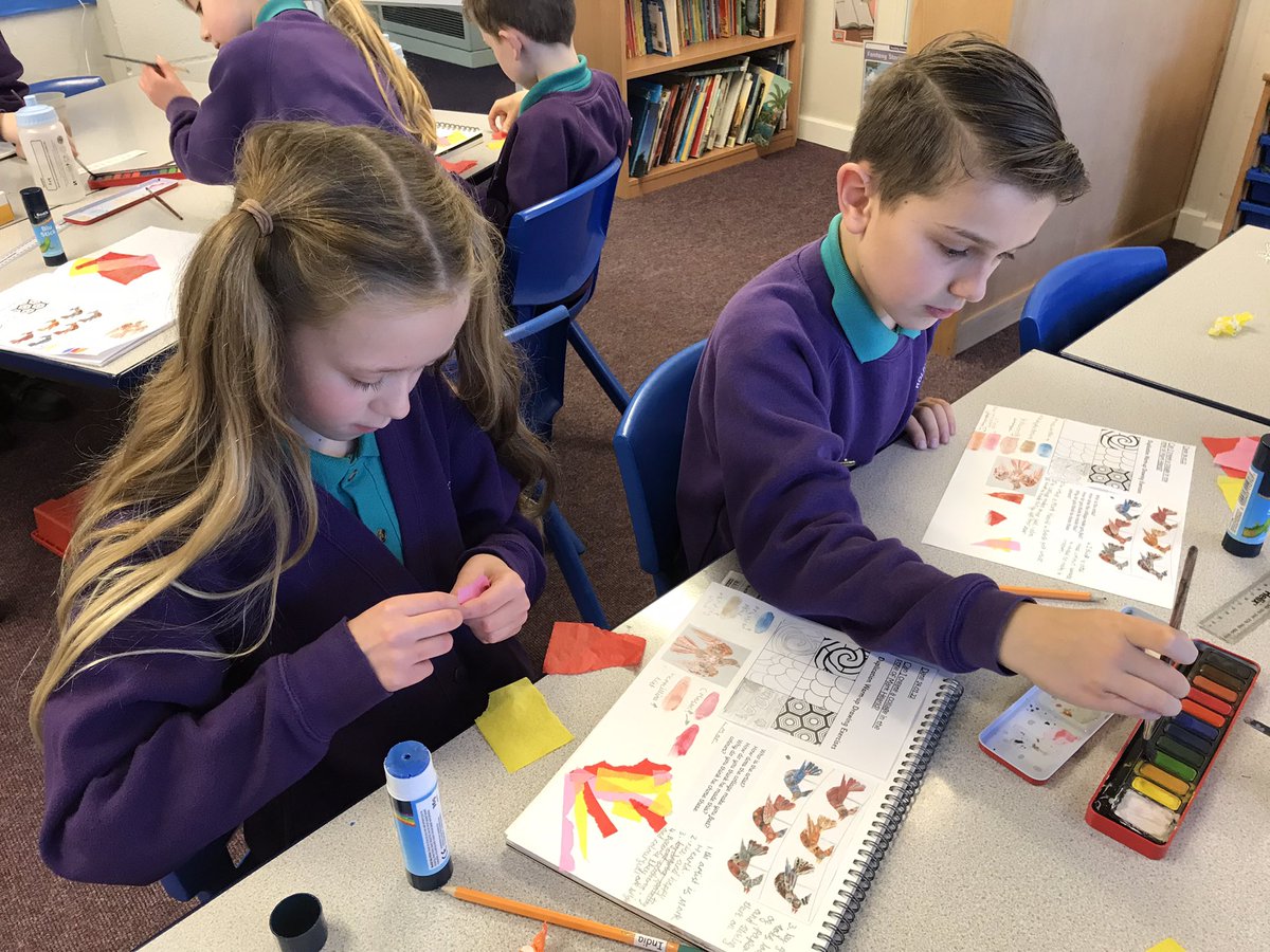 HLCFederation's tweet photo. This afternoon Year 4 have started their collage work inspired by Mark Hearld. They experimented with paint and tissue paper. #MarkHearld https://t.co/pQAd8HkPDZ