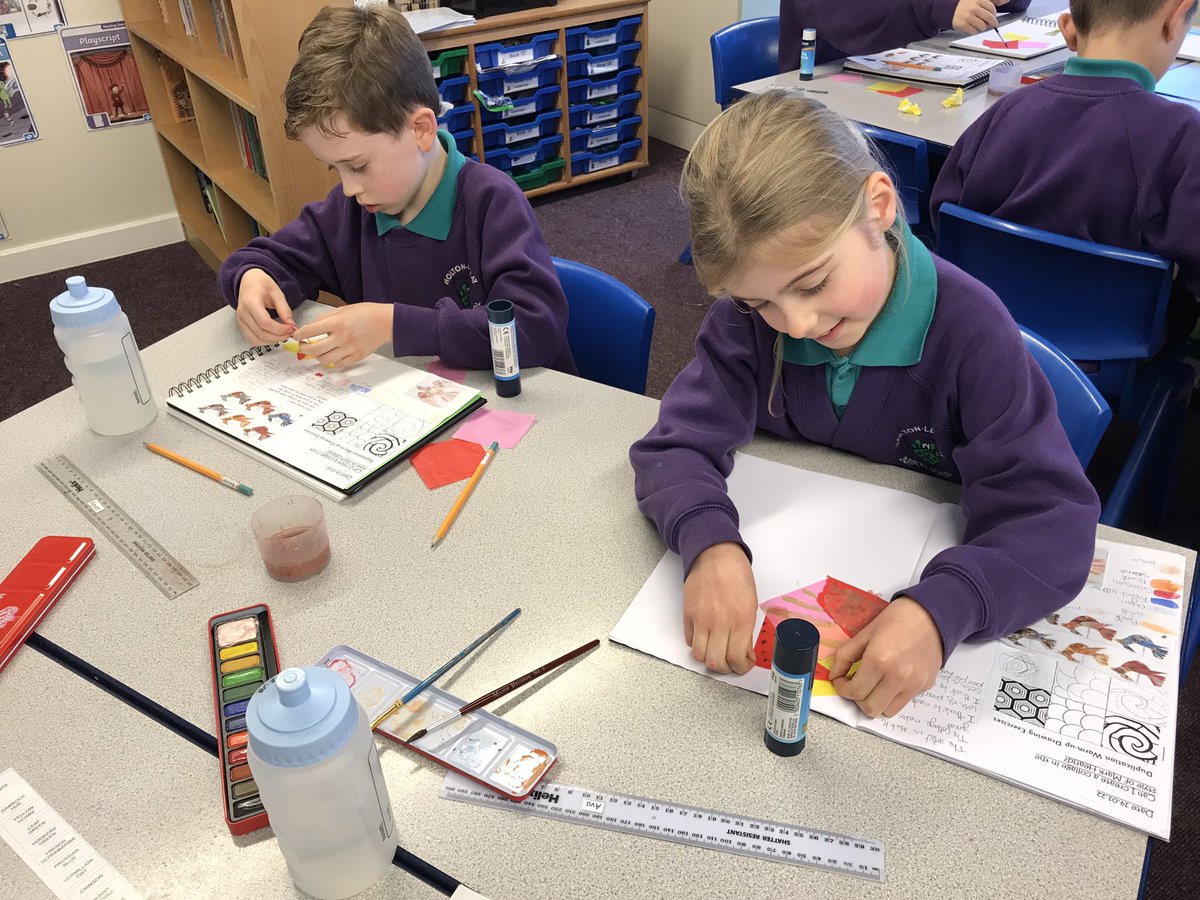 HLCFederation's tweet photo. This afternoon Year 4 have started their collage work inspired by Mark Hearld. They experimented with paint and tissue paper. #MarkHearld https://t.co/pQAd8HkPDZ