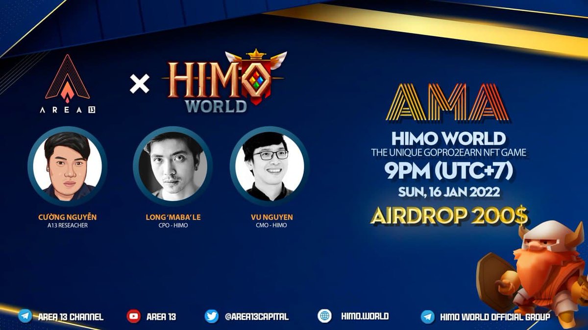 Dear Vietnamese fellows, 
We will host a Livestream AMA with <a href="/himoworldglobal/">Himo World</a> 

⏰Time: 2 PM UTC, 16 Jan 2022
🏠Venue: t.me/Area13_Communi…
💸Reward: $200 for 10 questions.

Rules:
👉Follow <a href="/himoworldglobal/">Himo World</a> 
👉Retweet this post
👉Comment your questions
👉Join the AMA.